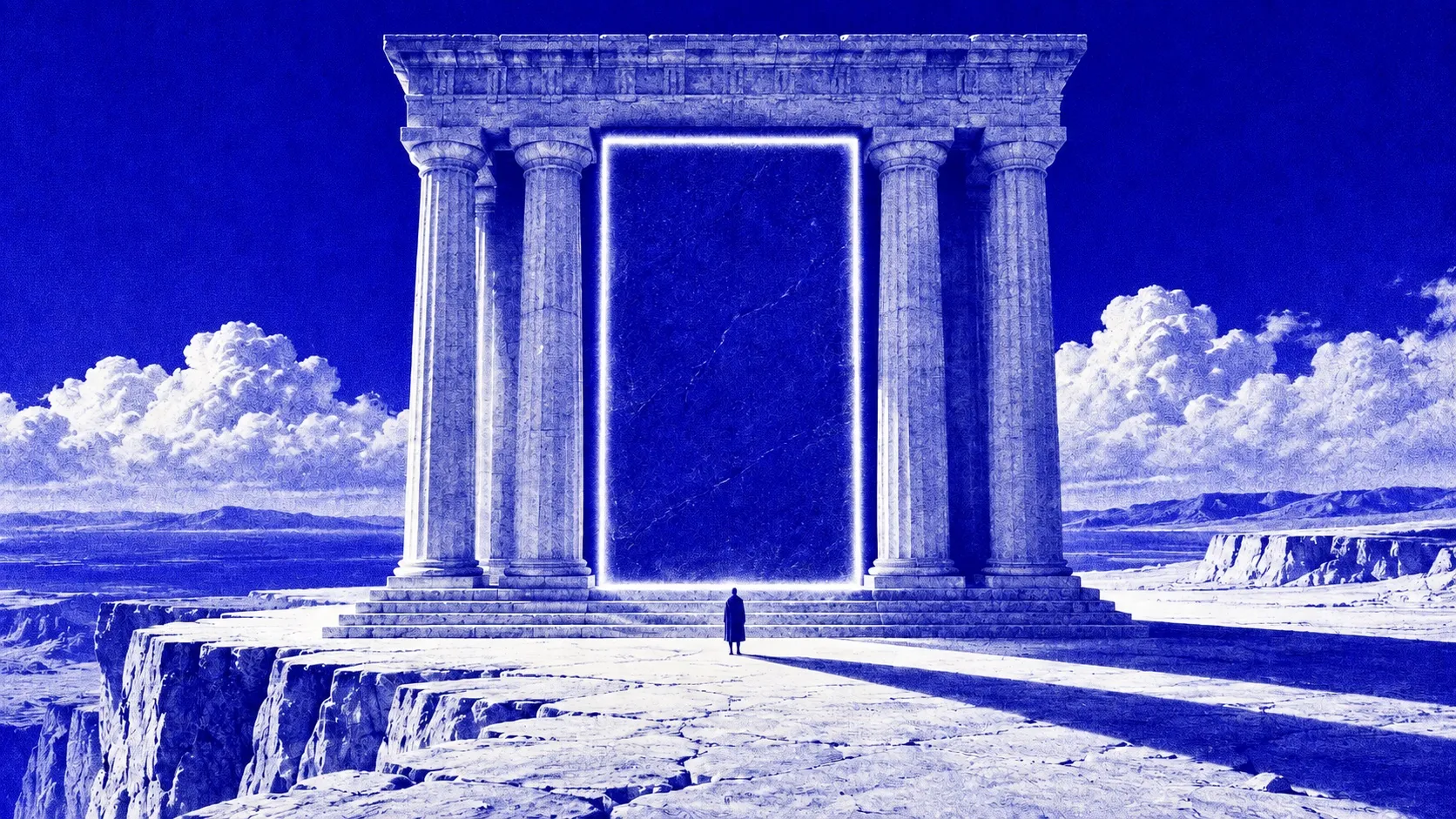 A monumental stone gateway sealed by a cobalt slab, traced in white light, with a solitary figure at its base.