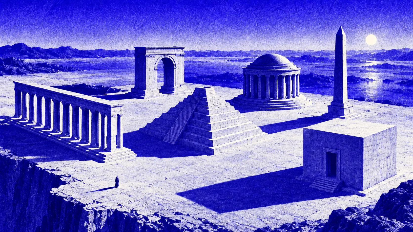 Six distinct stone structures stand across a vast terrace, casting long ultramarine shadows.