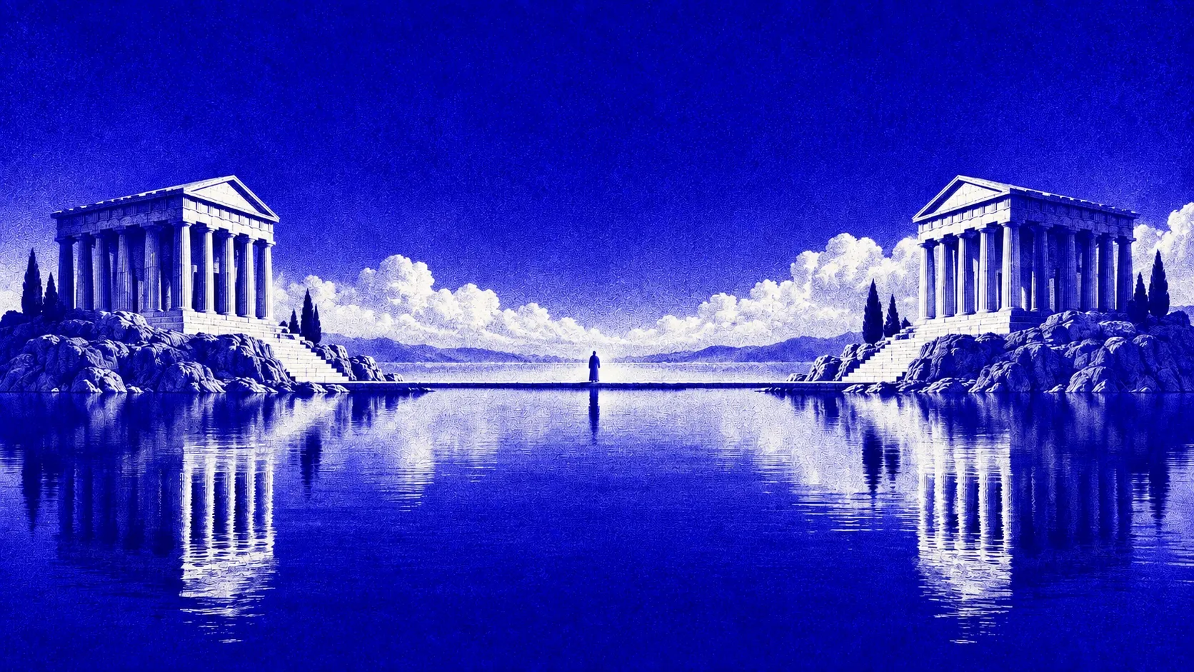 Two matching temples face each other across still blue water, joined by a narrow causeway and a solitary figure.