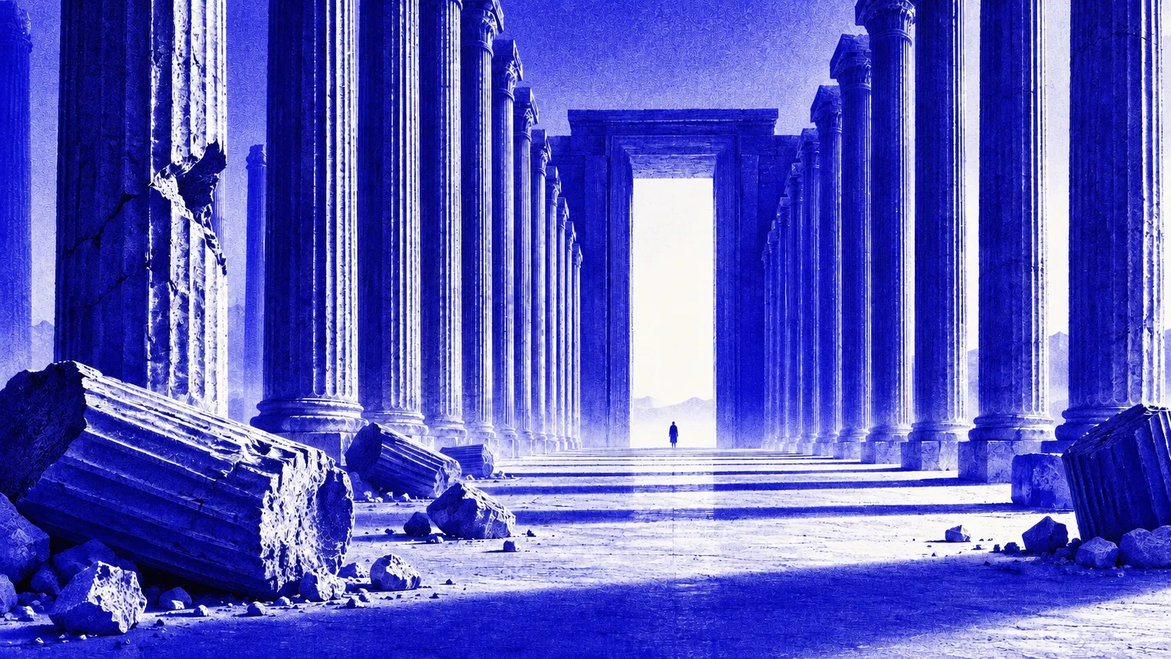 Broken columns give way to an intact colonnade and a luminous doorway, with a small figure on the threshold.