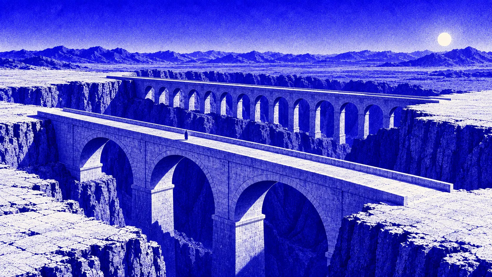 Two parallel stone bridges with different arrangements of arches cross a deep desert canyon, with a small figure on the nearer bridge.