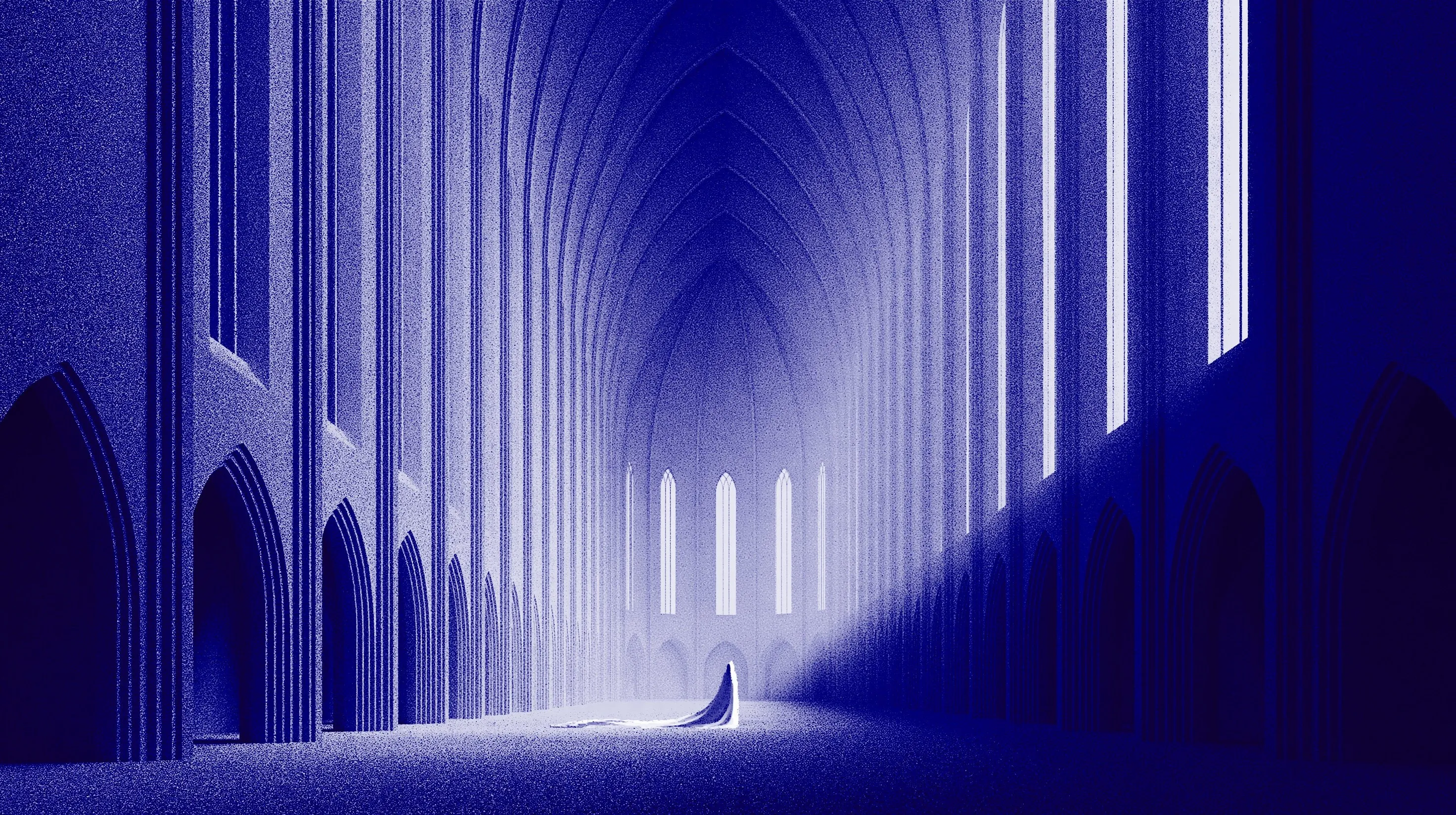 A solitary figure beneath the soaring vaults of a grainy cobalt cathedral.