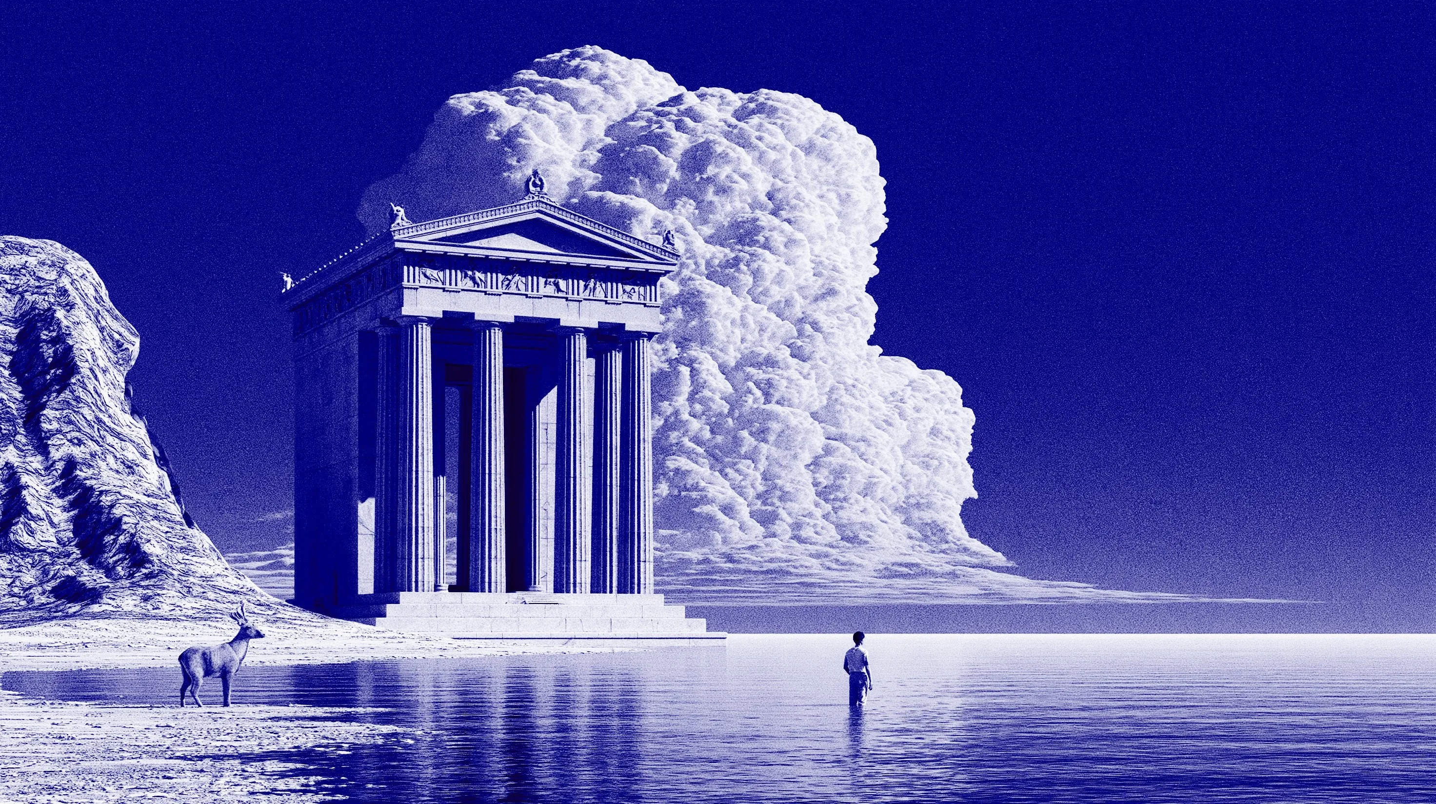 A classical temple beside still water and an immense cloud, rendered in grainy ultramarine.